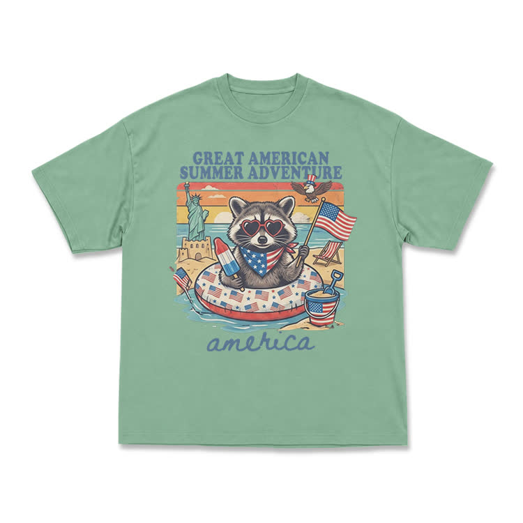 Vintage American Summer Adventure Raccoon Graphic T-Shirt - Light Green - US16-18(2XL) - image 10