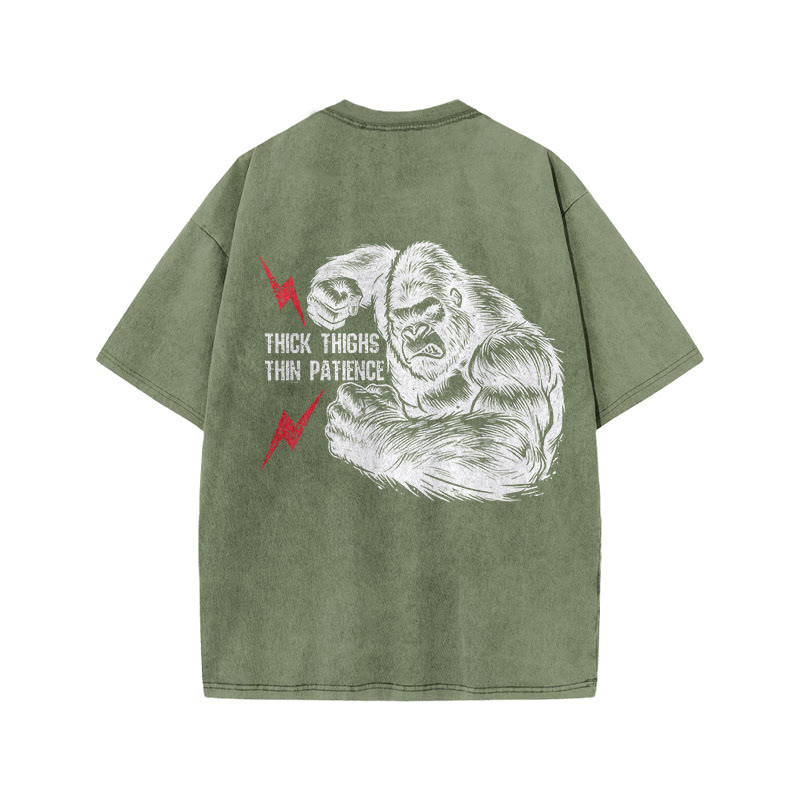 100% Cotton Thick Thighs Thin Patience Gym Print Acid Washed T-shirt - Army Green - US20-22(3XL) - image 7