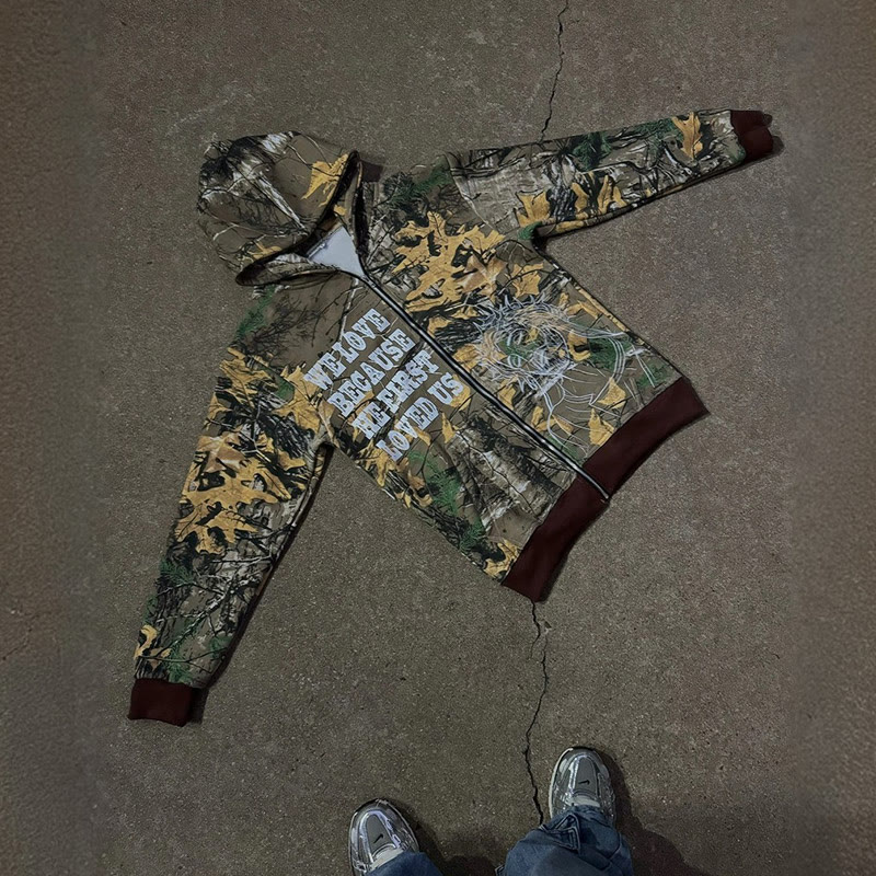 Unisex We Love Because He First Loved Us Dead Leaves Camouflage Print Zipper Hoodie - image 4