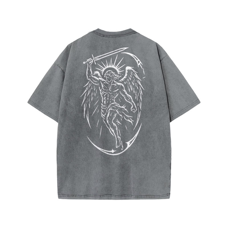 Unisex The Archangel Print Acid Washed T-shirt - Grey - US20-22(3XL) - image 4