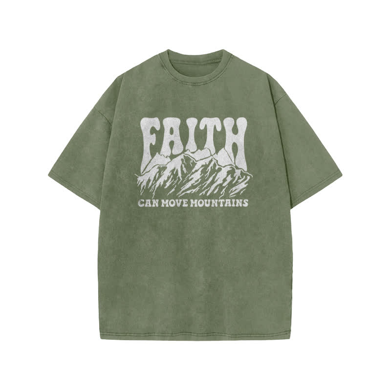 Unisex Faith Can Move Mountains Print Acid Washed T-shirt - Army Green - US20-22(3XL) - image 5