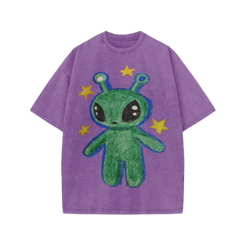 Cute Alien Print Acid Washed T-shirt - Purple - US20-22(3XL) - image 7