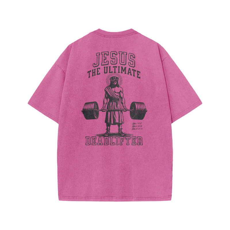 Jesus The Ultimate Deadlifter Print Acid Washed T-shirt - Pink - US20-22(3XL) - image 7
