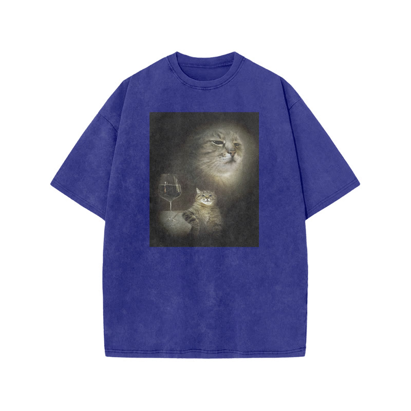 Unisex 100% Cotton Cat And Wine Print Acid Washed T-shirt - Blue - US20-22(3XL) - image 7