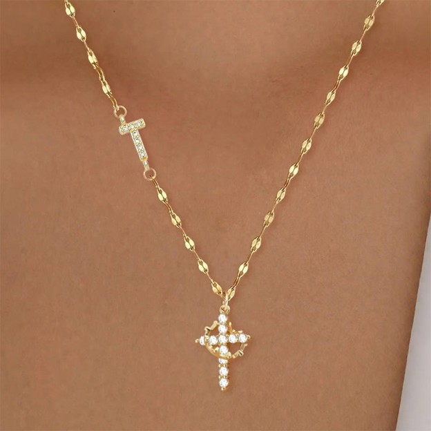 Rhinestone Letter Cross Pendant Necklace - T - one size - image 24