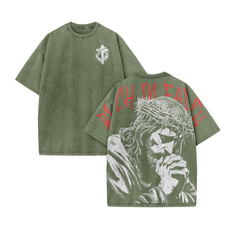 Unisex Rich In Faith Print Acid Washed T-shirt - Army Green - US20-22(3XL) - image 8