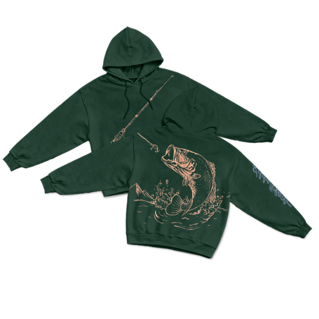 Vintage Coastal Fishing Rod Illustration Print Hoodie - Dark Green - US16-18(2XL) - image 5