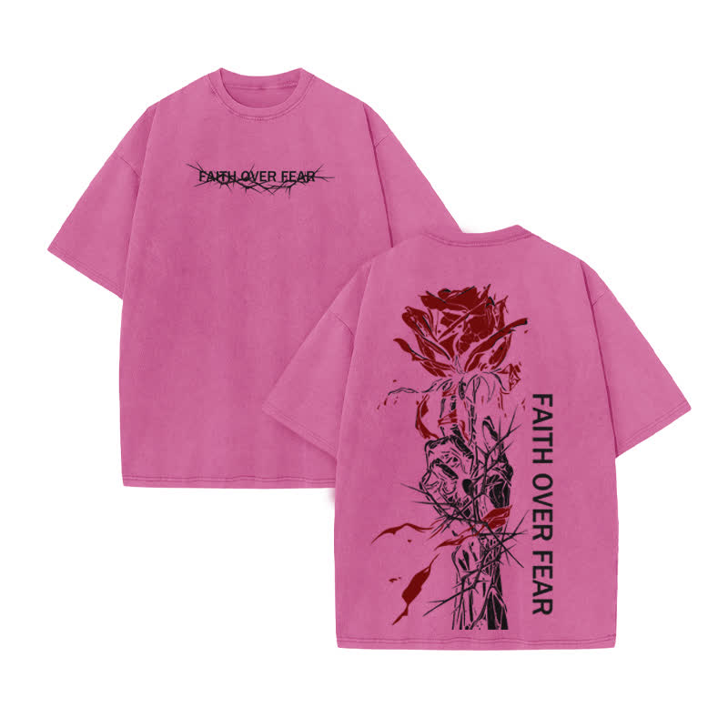 Unisex 100% Cotton Faith Over Fear Print Acid Washed T-shirt - Pink - US20-22(3XL) - image 8