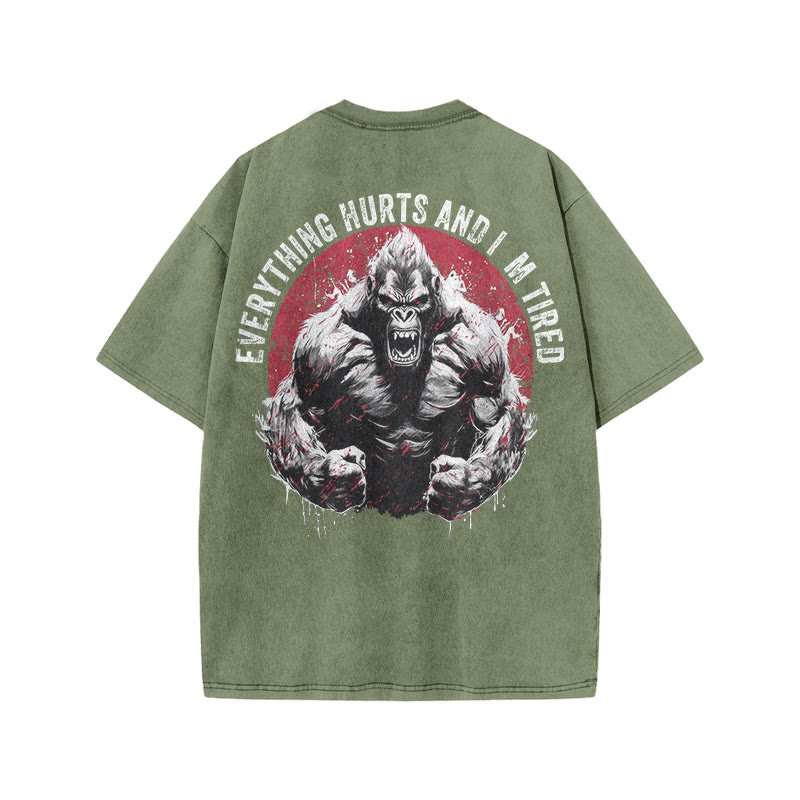 Gym 100% Cotton Everything Hurts And I'm Tired Print Acid Washed T-shirt - Army Green - US20-22(3XL) - image 6
