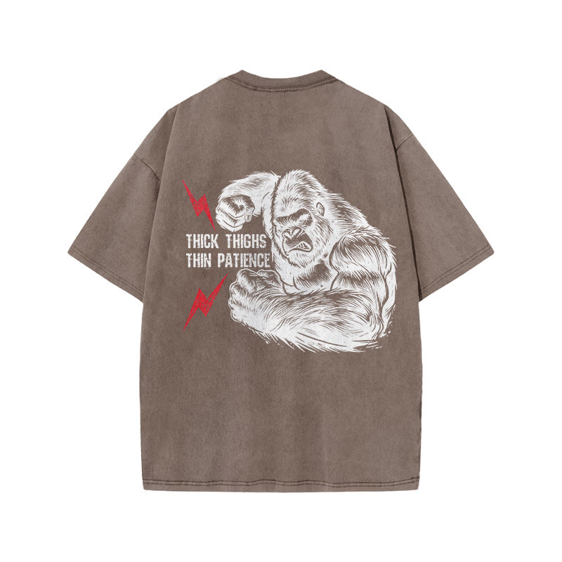 100% Cotton Thick Thighs Thin Patience Gym Print Acid Washed T-shirt - Coffee - US20-22(3XL) - image 6