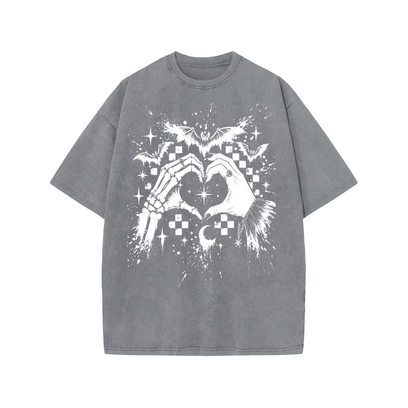 Gothic Heart Hands Round Neck Graphic Print Acid Washed T-Shirt - Grey - US20-22(3XL) - image 4