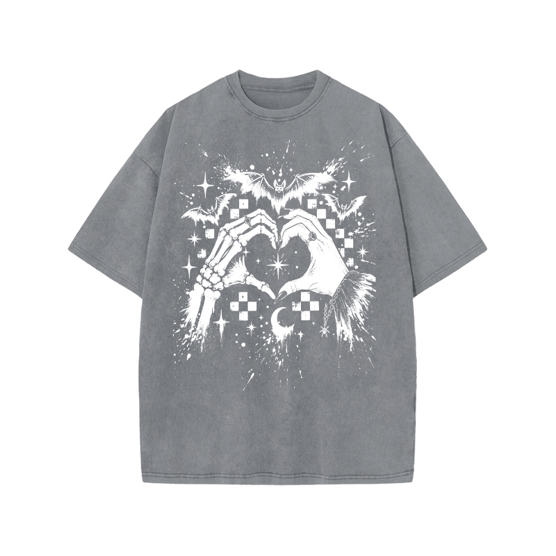Gothic Heart Hands Round Neck Graphic Print Acid Washed T-Shirt - Grey - US20-22(3XL) - image 4