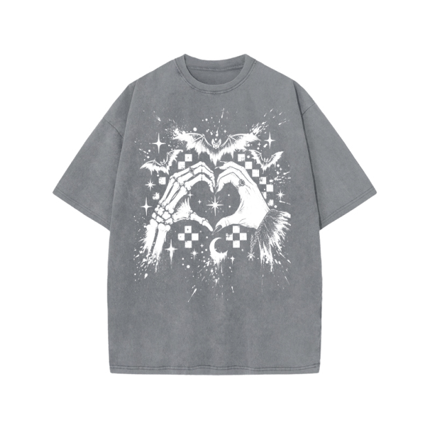 Gothic Heart Hands Round Neck Graphic Print Acid Washed T-Shirt - Grey - US20-22(3XL) - image 4
