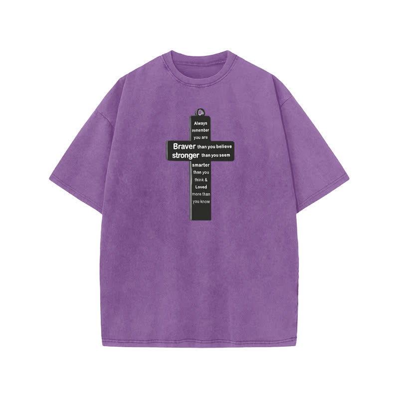 Unisex 100% Cotton Cross Necklace Print Acid Washed T-shirt - Purple - US20-22(3XL) - image 9