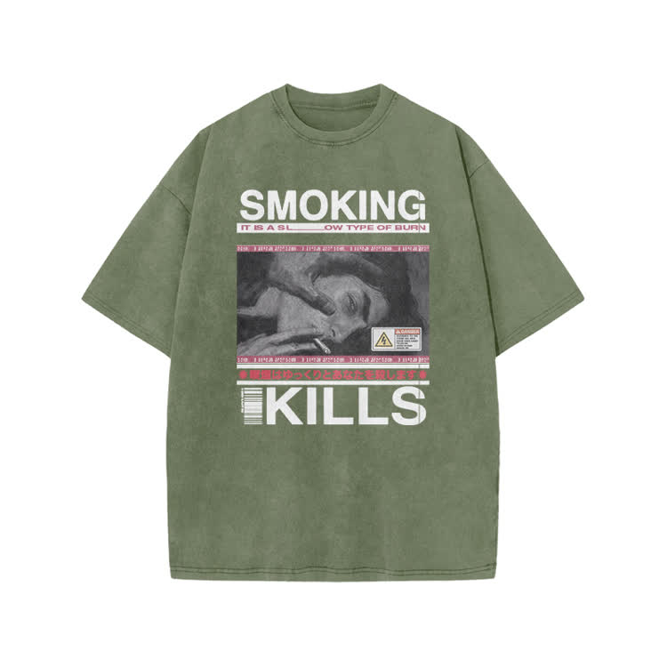 Smoking Kills Retro Manga Style Men Graphic Print Acid Washed T-Shirt - Army Green - US20-22(3XL) - image 4