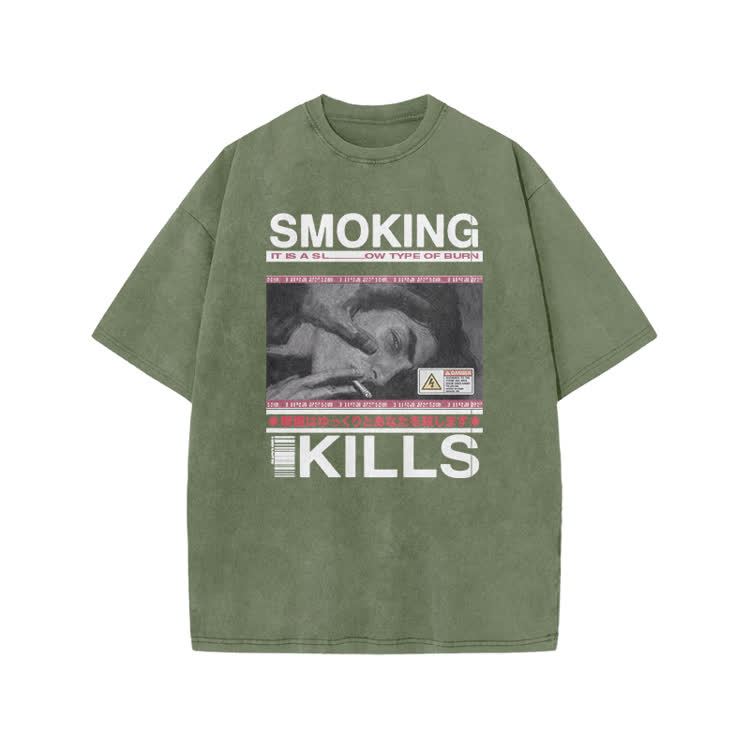 Smoking Kills Retro Manga Style Men Graphic Print Acid Washed T-Shirt - Army Green - US20-22(3XL) - image 4