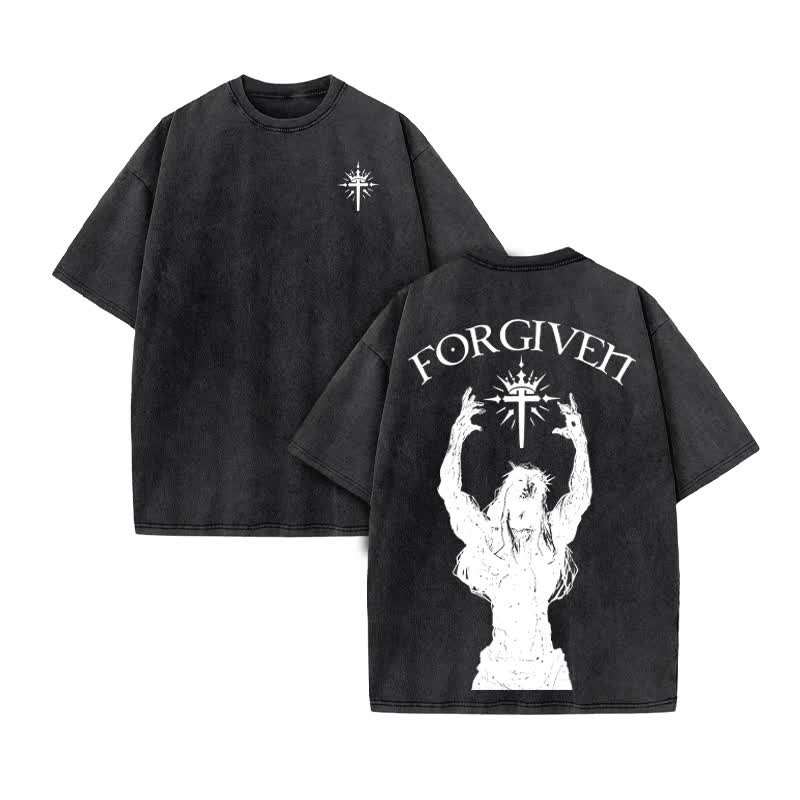 Unisex Forgiven Print Acid Washed T-shirt - Black - US20-22(3XL) - image 3