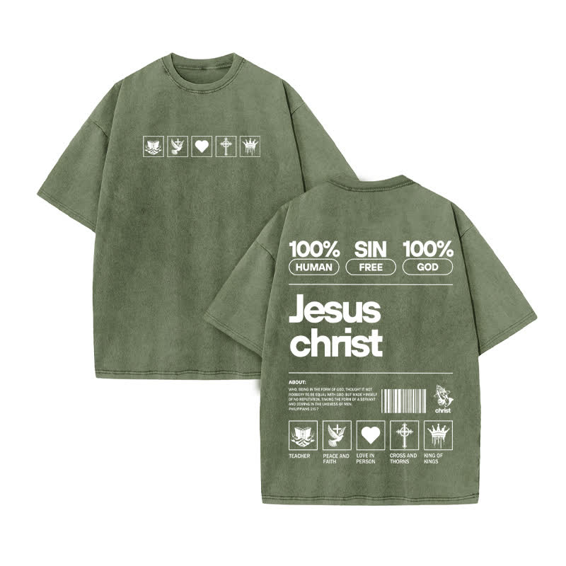 Unisex 100% Cotton Jesus Christ Print Acid Washed T-shirt - Army Green - US20-22(3XL) - image 6
