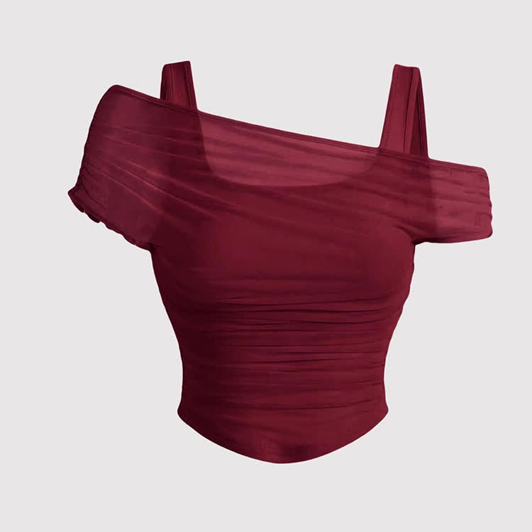 Ruched Mesh Cropped Pullover Cami Top - Wine - 2XL - image 5