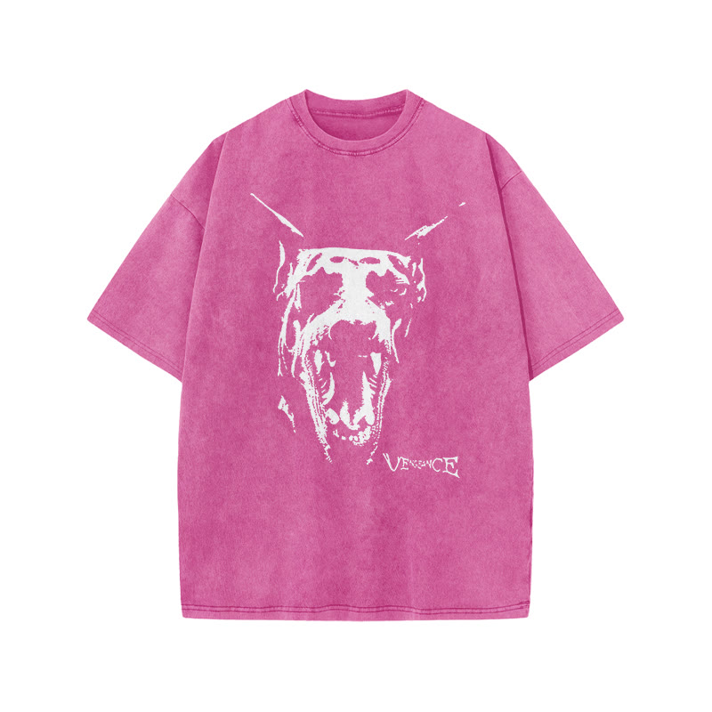 Roaring Doberman Print Acid Washed T-shirt - Pink - US20-22(3XL) - image 9