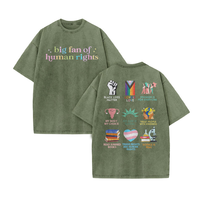 Big Fan Of Human Rights Print Acid Washed T-shirt - Army Green - US20-22(3XL) - image 8