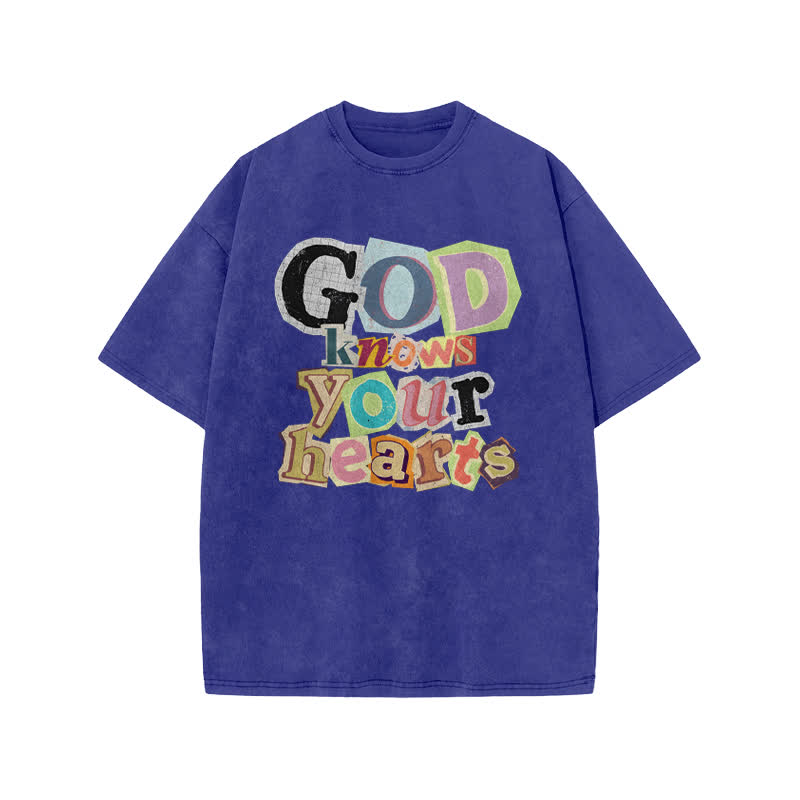 Unisex God Knows Your Hearts Print Acid Washed T-shirt - Blue - US20-22(3XL) - image 8