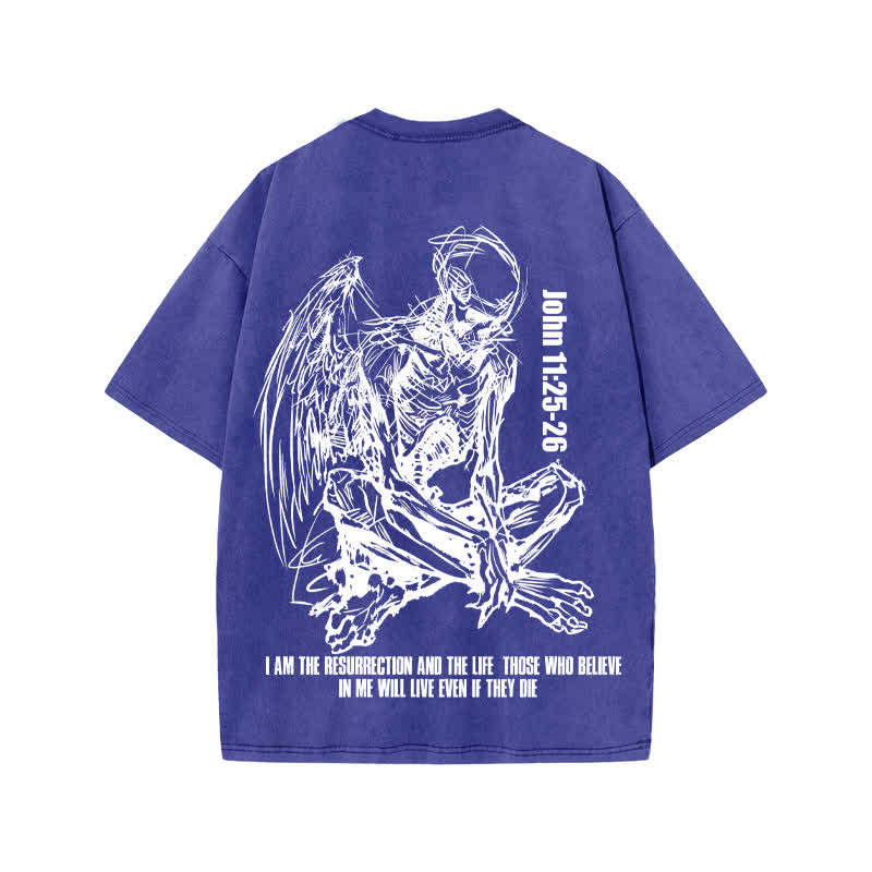 Unisex John 11:25-26 Print Acid Washed T-shirt - Blue - US20-22(3XL) - image 8