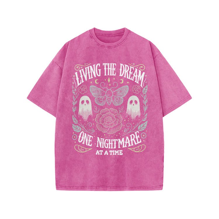 Living The Dream Gothic Ghost Print Acid Washed T-Shirt - Pink - US20-22(3XL) - image 9