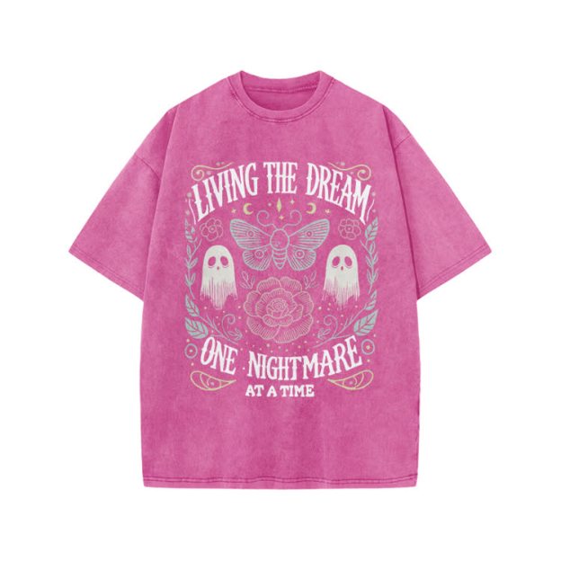 Living The Dream Gothic Ghost Print Acid Washed T-Shirt - Pink - US20-22(3XL) - image 9