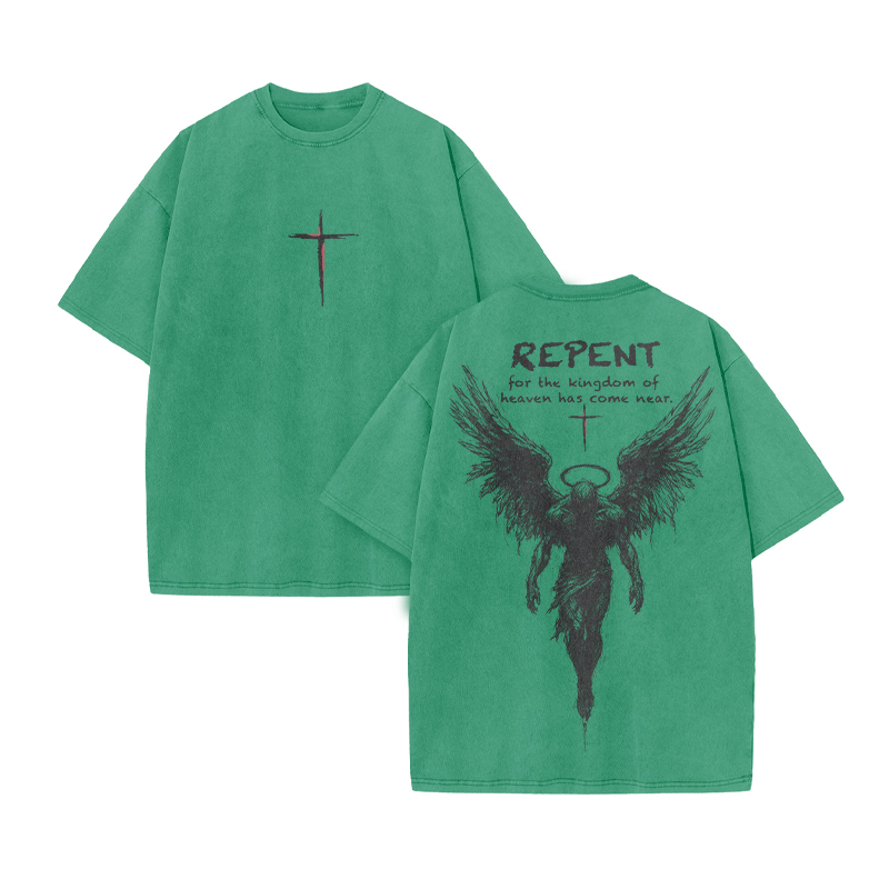 Repent For The Kingdom Of Heaven Has Come Near Print Acid Washed T-shirt - Green - US20-22(3XL) - image 9