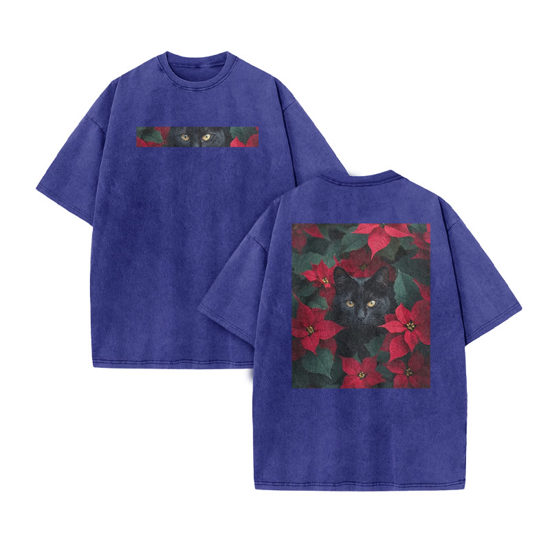 A Black Cat In A Field Of Christmas Flowers Print Acid Washed T-shirt - Blue - US20-22(3XL) - image 9
