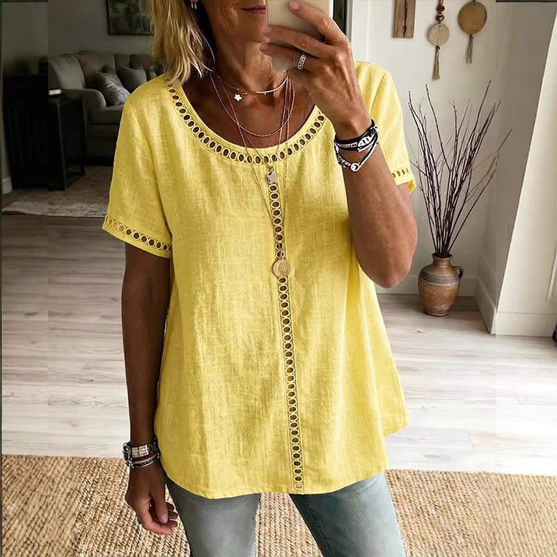 Women's Casual Round Neck Short-sleeve Blouse - Yellow - 3XL - image 6