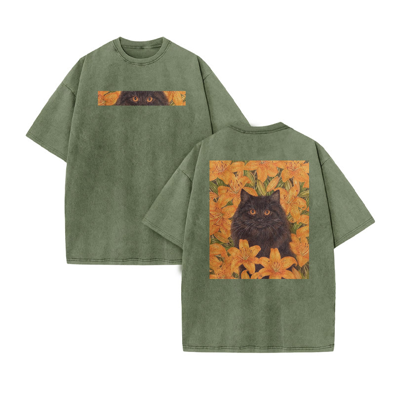 A Black Cat In A Field Of Golden Lilies Print Acid Washed T-shirt - Army Green - US20-22(3XL) - image 10