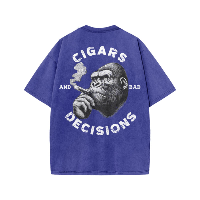Gym 100% Cotton CIGARS DECISIONS Print Acid Washed T-shirt - Blue - US20-22(3XL) - image 7
