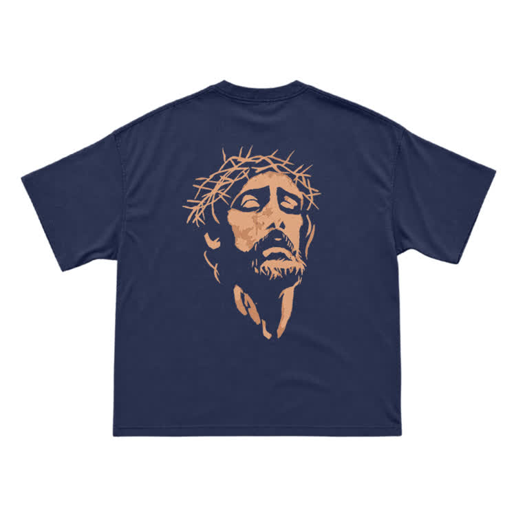 Jesus Portrait Neck Back Graphic T-Shirt - Navy Blue - US16-18(2XL) - image 5
