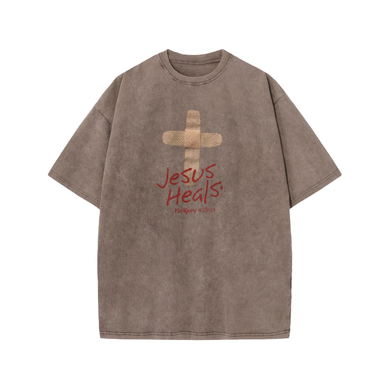 Unisex Cute Jesus Heals Matthew 4:23-24 Print Acid Washed T-shirt - Coffee - US20-22(3XL) - image 4