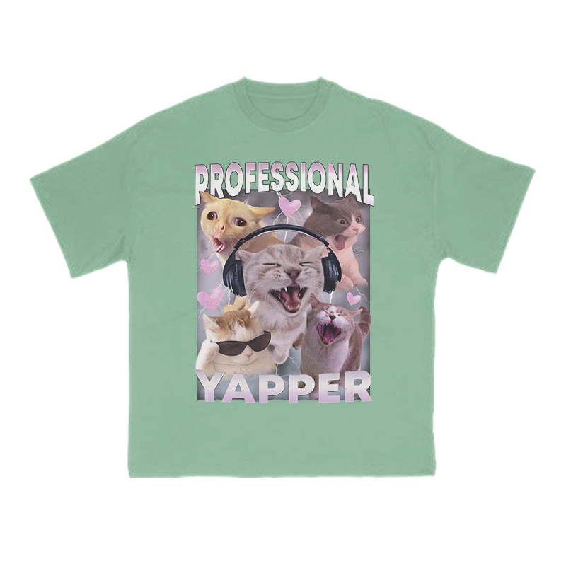 Unisex 100% Cotton Professional Yapper Cat Print T-shirt - Green - US16-18(2XL) - image 10
