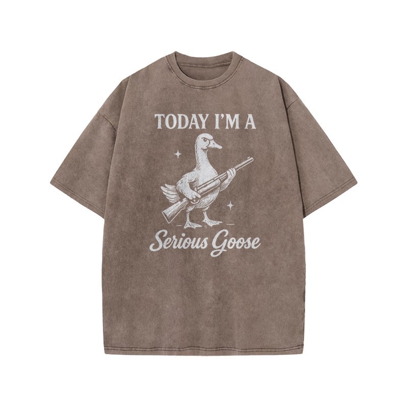 Today I'm A Serious Goose Print Acid Washed T-shirt - Coffee - US20-22(3XL) - image 4