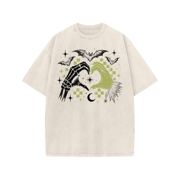 Gothic Heart Hands Graphic Print Acid Washed T-Shirt - Beige - US20-22(3XL) - image 3