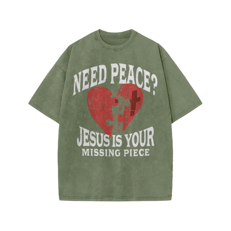 Unisex Cute Need Peace? Jesus Is Your Missing Piece Print Acid Washed T-shirt - Army Green - US20-22(3XL) - image 5