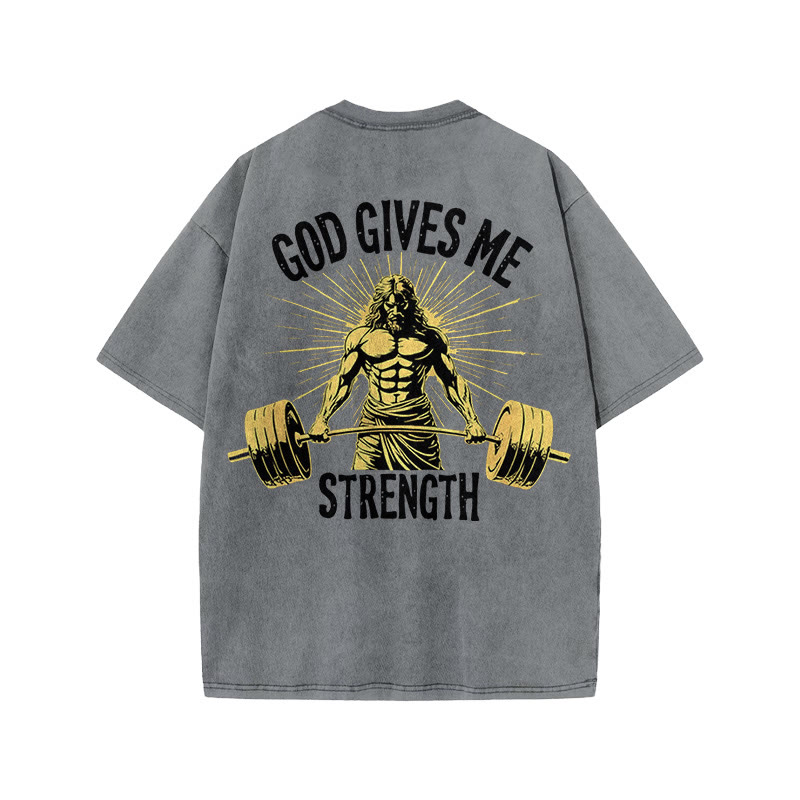 Gym 100% Cotton GOD GIVES ME STRENGTH Print Acid Washed T-shirt - Grey - US20-22(3XL) - image 4