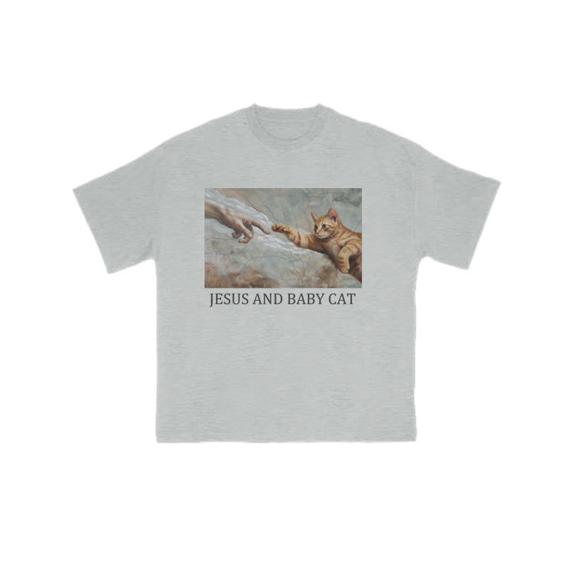 Unisex 100% Cotton Jesus And Baby Cat Print T-shirt - Grey - US16-18(2XL) - image 3