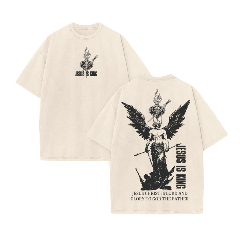 Unisex 100% Cotton JESUS IS KING print Acid Washed T-shirt - Beige - US20-22(3XL) - image 4