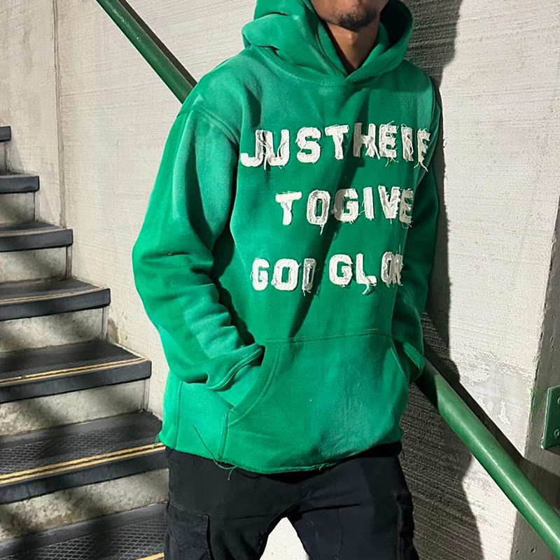 Street Style Just Here To Give God Glory Cross-letter Patch Embroidered Loose Unisex Hoodie