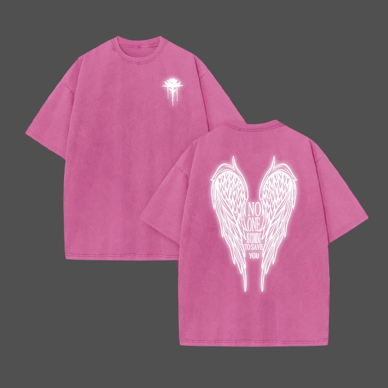No One Is Coming To Save You Reflective Print Acid Washed T-shirt - Pink - US20-22(3XL) - image 9