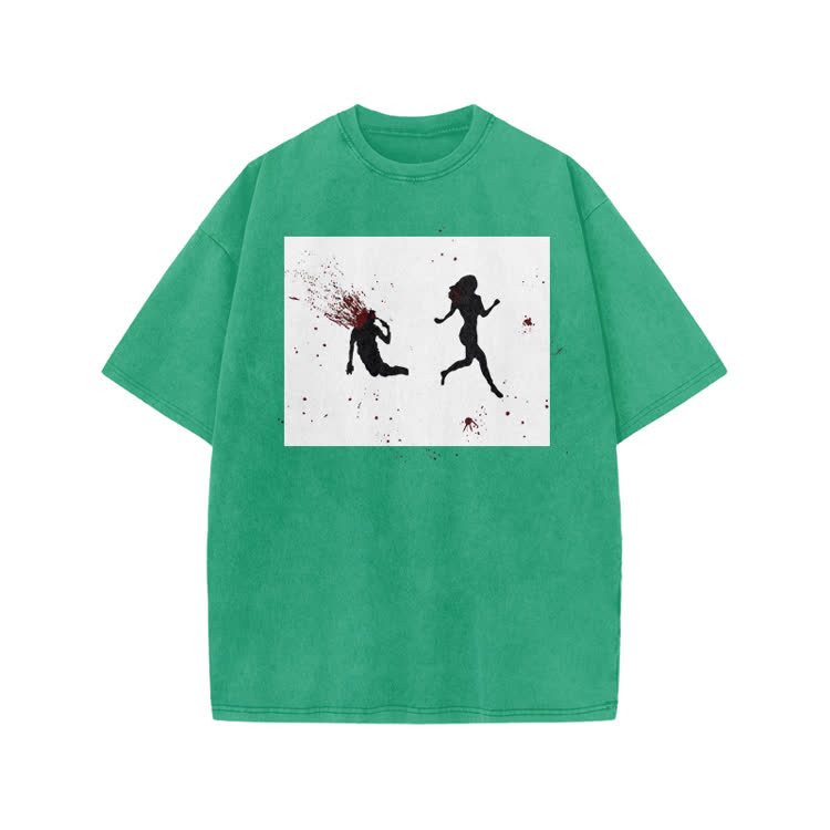 “Run Away”Girl Graphic Print Acid Washed T-shirt - Green - US20-22(3XL) - image 6