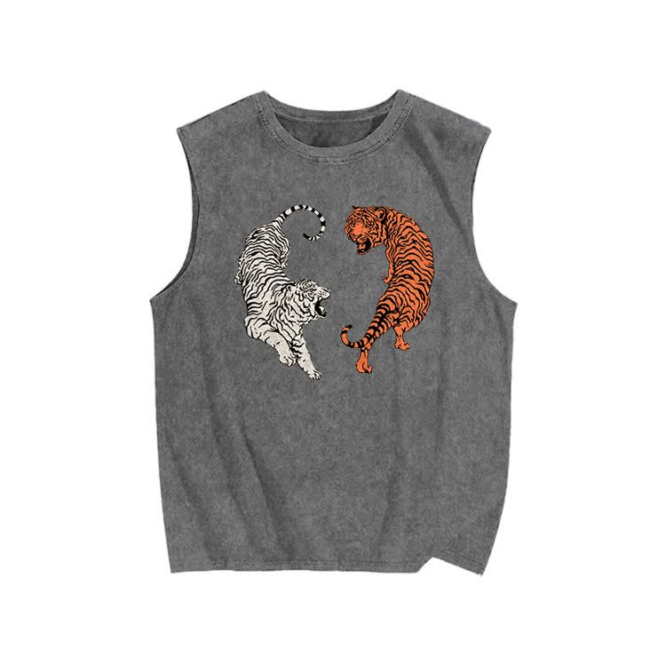 White Tiger & Orange Tiger Yin-yang Print Washed Tank Top - Grey - US20-22(3XL) - image 3