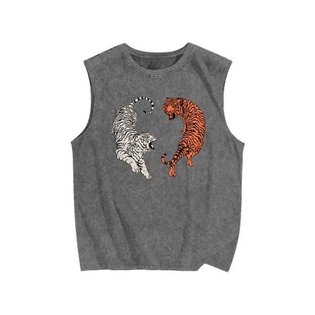 White Tiger & Orange Tiger Yin-yang Print Washed Tank Top - Grey - US20-22(3XL) - image 3