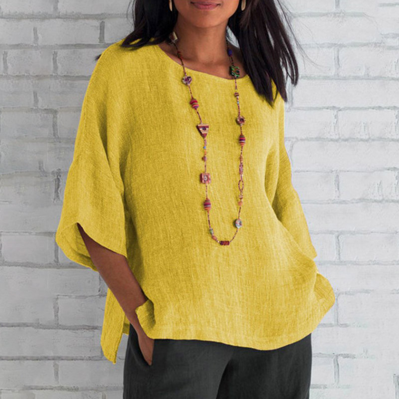 Casual Three-quarter Sleeve Crew Neck Top - Yellow - 5XL - image 5