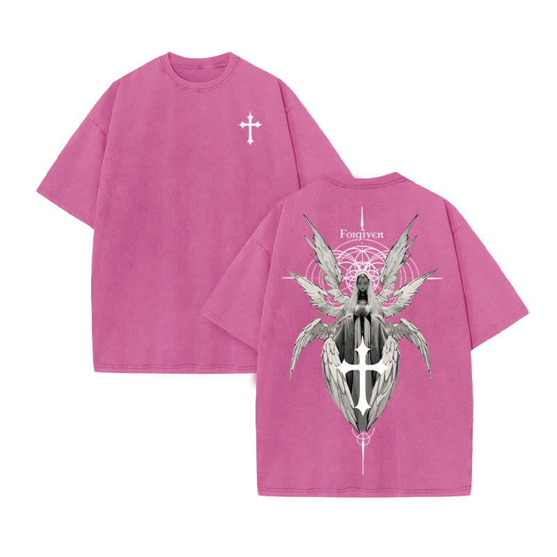 Unisex Forgiven Print Acid Washed T-shirt - Pink - US20-22(3XL) - image 8